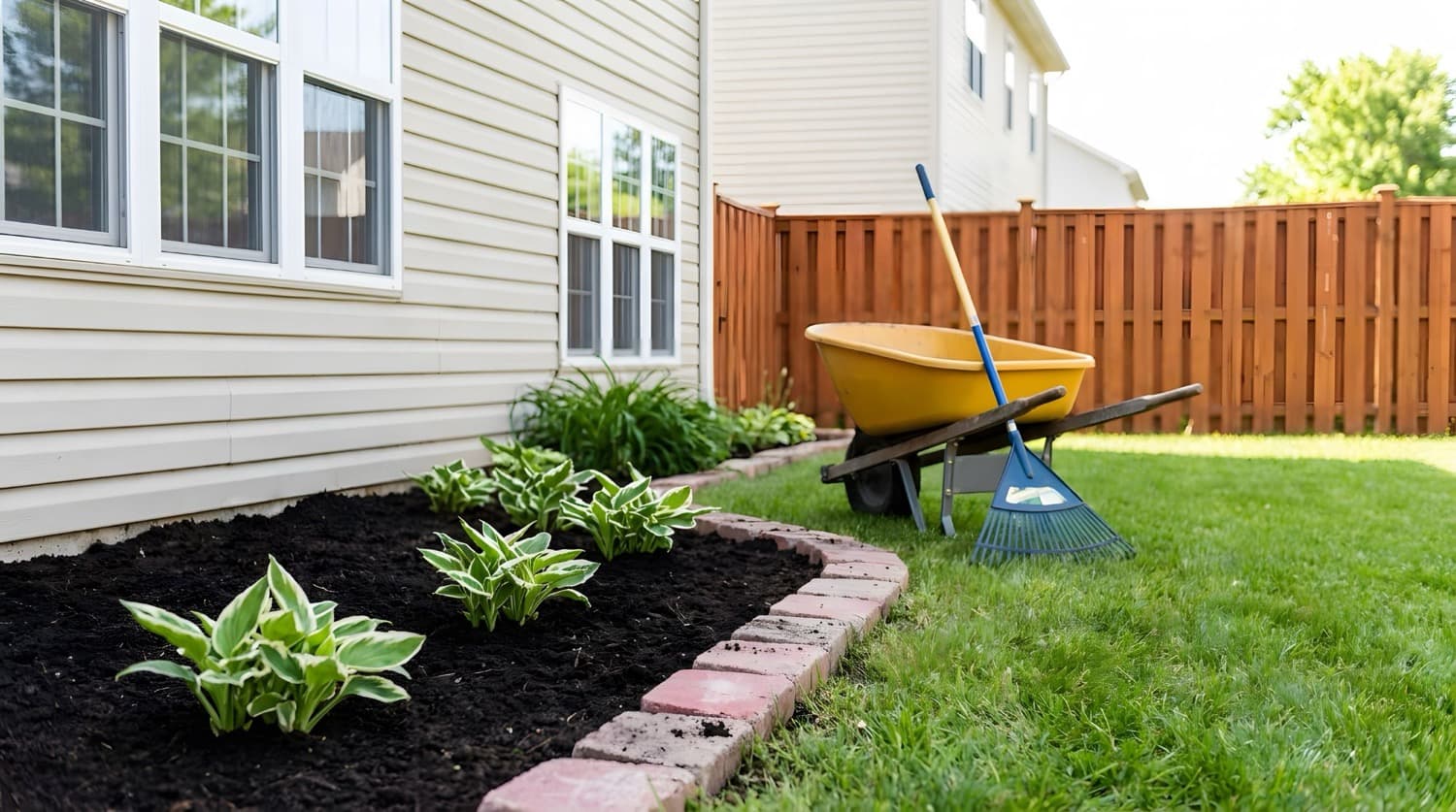 Wheelbarrow and leaf rake on a lawn beside a freshly mulched bed edged with brick